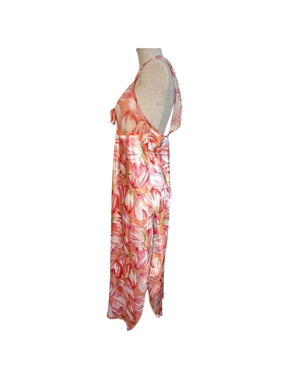 VTG Amelia’s Floral Peach Pink Tulip Nightgown Bow Size Large Made USA Side Slit - Picture 7 of 8